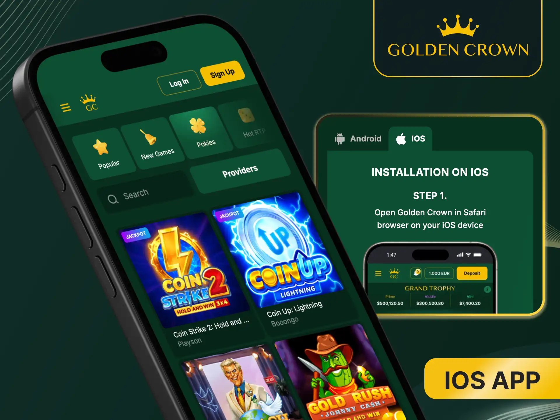 Install the Golden Crown iOS app to access your favorite casino games on any Apple device.