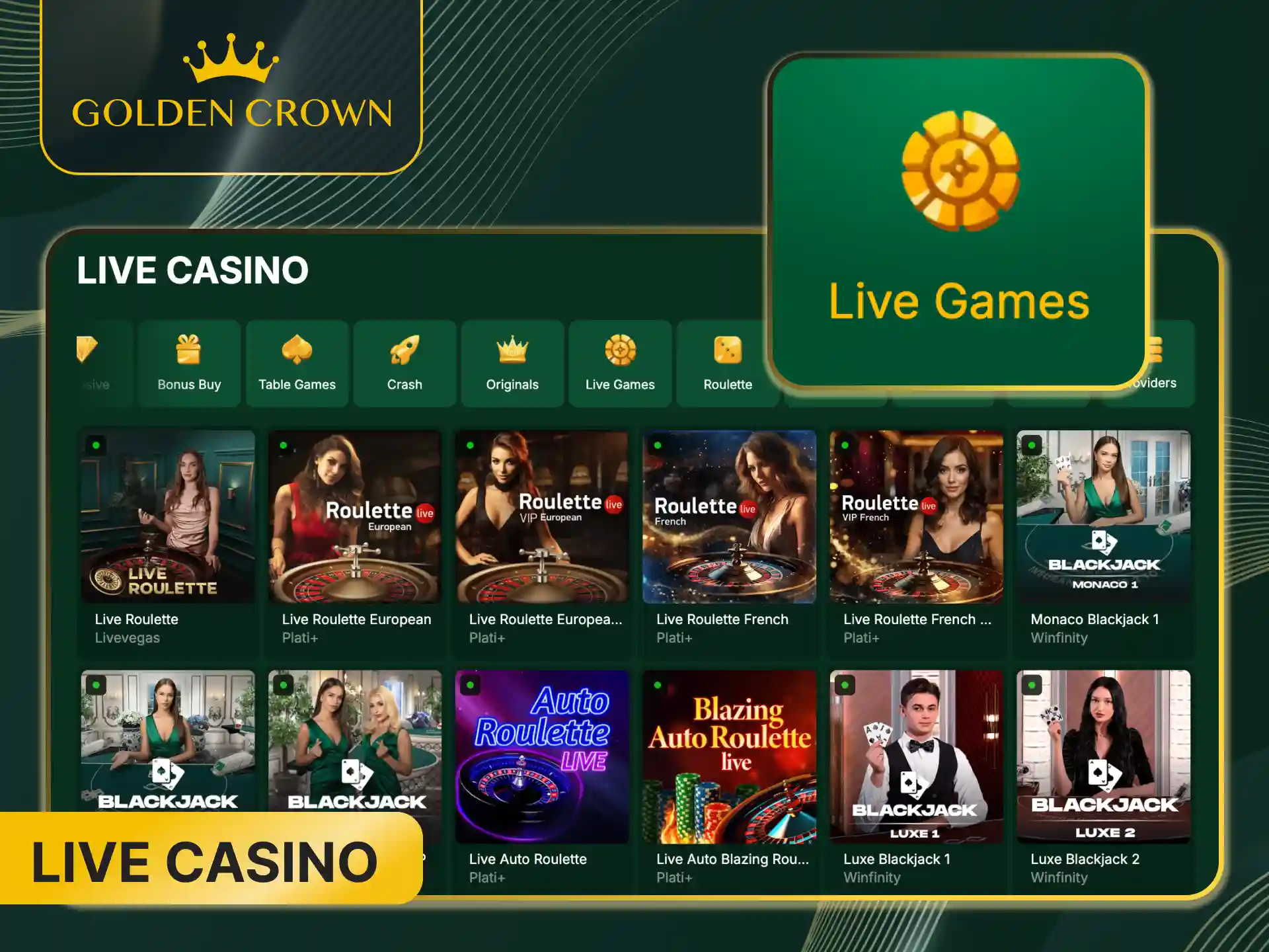 Join the Golden Crown live casino for real-time action with professional dealers.